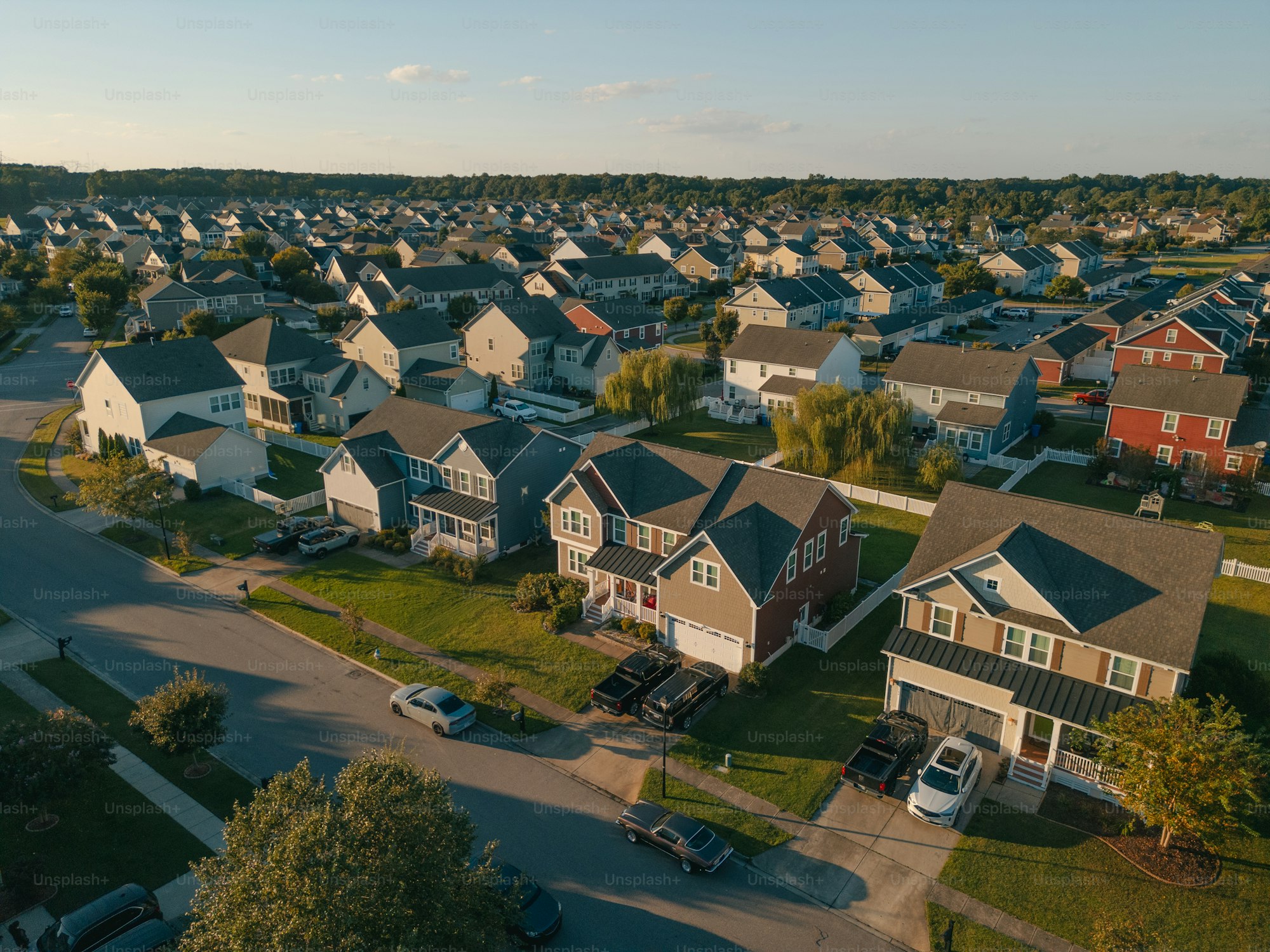 A residential neighborhood at golden hour